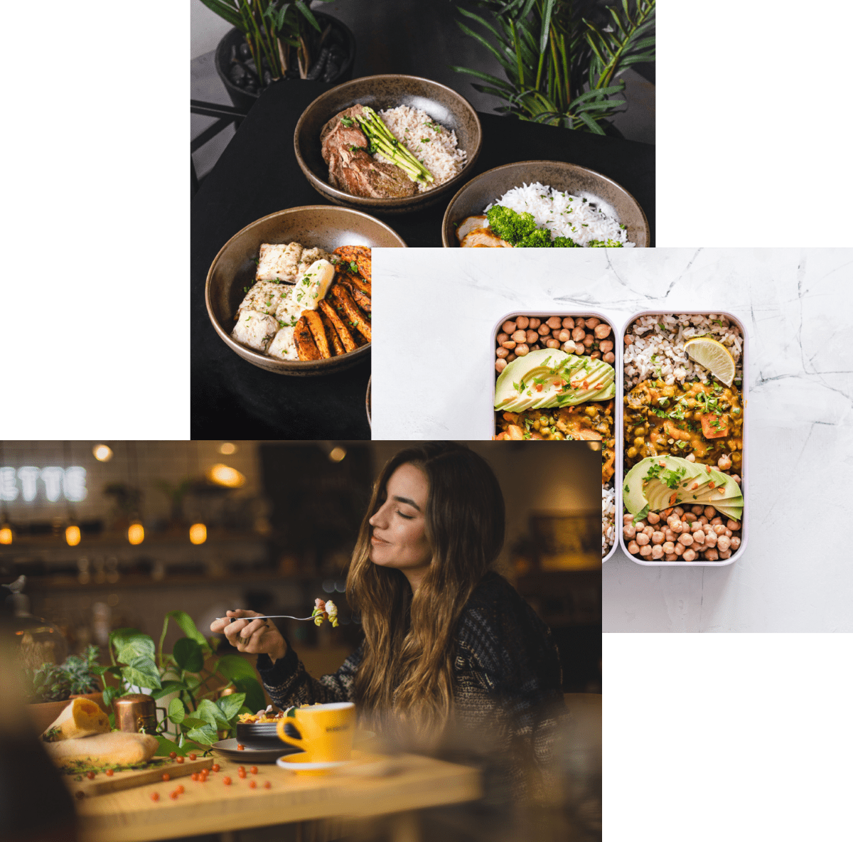 Woman enjoying food, meals in storage container, 
              and food bowls on a table.